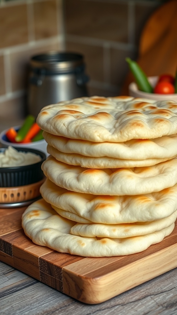 Simple Pita Bread Recipe Freshly baked pita bread stacked on a wooden board with a bowl of hummus and fresh vegetables.